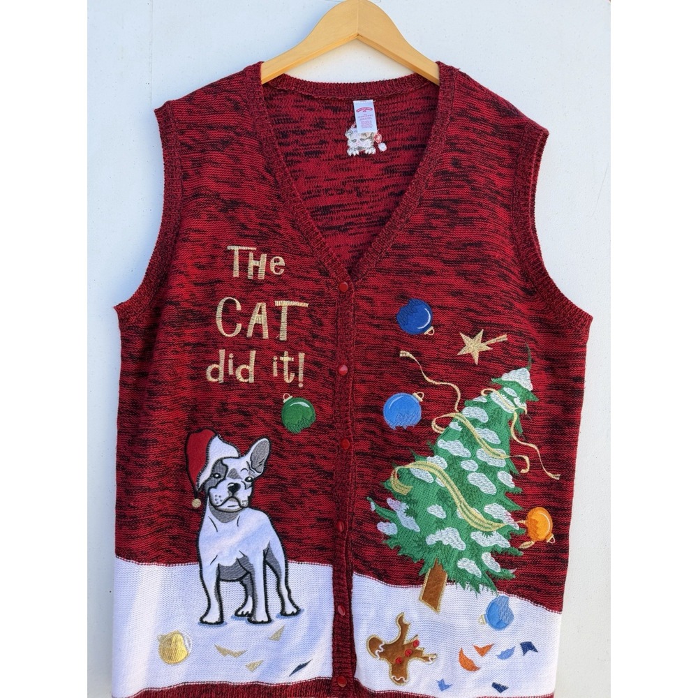 Holiday Time Vintage Christmas Sweater Vest Womens Red Cat Dog Plus 3XL 22W 24W